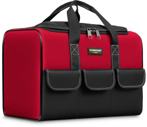 WINHUNT Sac à outils de 17 pouces, sac à outils de jardin multifonction multi-compartiments, 43 x 25 x 30 cm, avec ouverture large pour électriciens, bricoleurs et artisans, rouge