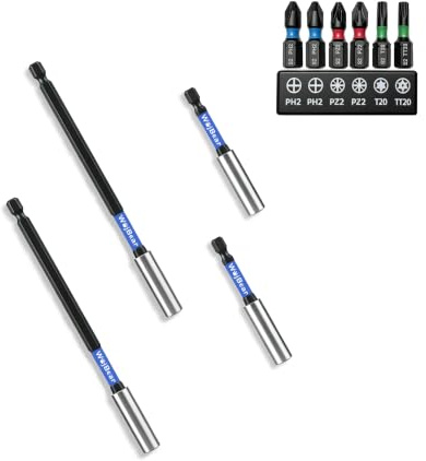 WojBear 4 PCS Magnetic Extension Bit Holder Set, 2 * 75mm 2 * 150mm, Drill Bit Holder for Impact Driver with 6 PCS Screwdriver Bits, 2*PZ2 2*PH2 T20 TT20