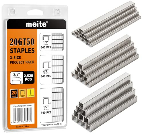 meite Grapas Tipo 140, Tipo T50, de Acero Inoxidable, Surtido de 3 Tamaños 6 mm, 10 mm y 12 mm, Calibre 20, Corona de 10 mm, para Grapadora Tipo 140, Tapicería, Construcción y Muebles, 2.520 Unidades