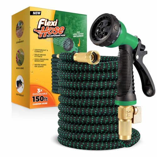 Flexi Hose with 8 Function Nozzle, 150FT - Lightweight Expandable Garden Hose, No-Kink Flexibility, 3/4 Inch Solid Brass Fittings and Double Latex Core - Black and Green