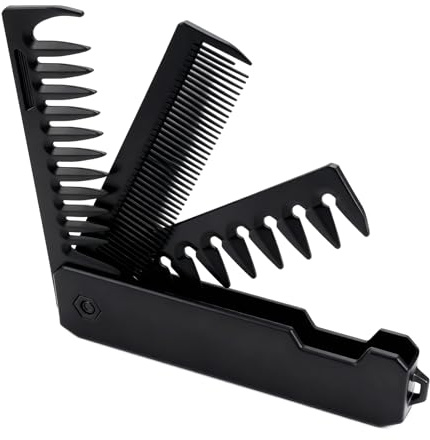 Euablfo 3-In-1 Haarkamm Männer, Tragbarer Klappkamm, Styling Kamm MäNner Mit Feine Zahnung Und Grobzinkiger Kamm, Für Haare und Schnurrbartstyling（Schwarz）