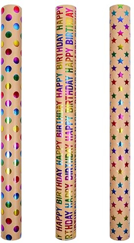 Carta Regalo Compleanno Rotoli 43 cm × 3 m, Carta Kraft Riciclata Robusta Marrone Con Effetto Scintillante, Adatto Adulti e Bambini, Ideale Per Regali di Compleanno, Feste e Matrimoni (3)
