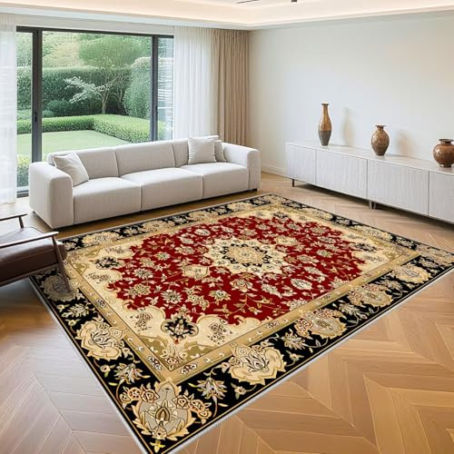 QGYFRE Webteppich Outdoor Teppich groß 160x200cm Rot Schwarze Retro Blumen Muster für Wohnzimmer Erwachsene Schlafzimmer und sind verschleißfest