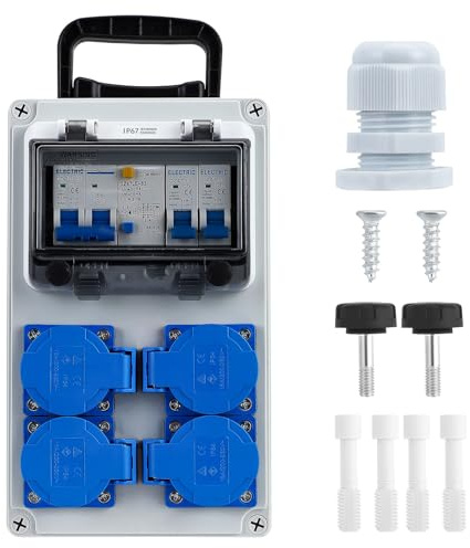Boîtier de distribution IP67 Disjoncteur 32A, 4x prises Schuko, précâblé | Disjoncteur différentiel 4 pôles 32A (30mA), 2x 16A, 4 prises Schuko IP44, 250x150x100mm, chantier/atelier/jardin