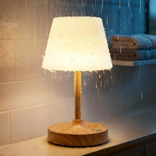 VISDANFO Lampada da tavolo a LED senza fili, impermeabile, con batteria da 4000 mAh, portatile, luce notturna ricaricabile con dimmer touch per terrazza, ristorante e bagno (venature del legno)