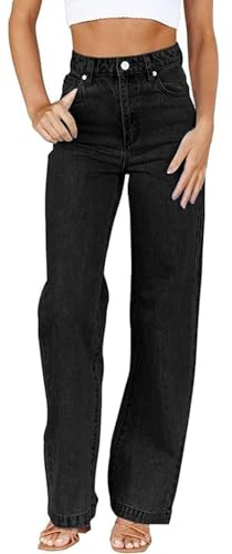 Damjeans rakt ben, elastisk midja säckiga byxor hög midja dra på stretch jeans avslappnad passform Palazzo byxor med 2 framfickor dragkedja gylf knappstängning casual denimbyxor, Svart, S