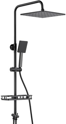 Auralum Colonne de Douche sans Mitigeur, Système de Douche en Acier Inoxydable, Ensemble Salle de Bain avec Divertisseur d'Eau Laiton, Pommeau de Plafond 250mm x 250mm, Douche avec Douche Pluie,Noir