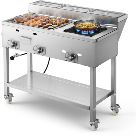 VEVOR Outdoor Propane Griddle, 3 Burners (11,600 BTU Each), Commercial Stainless Steel Griddle with Three 1/3 Size Food Pans, Portable Cart with Wheels & Gas Stove, for Hot Dogs, Burgers & Meats