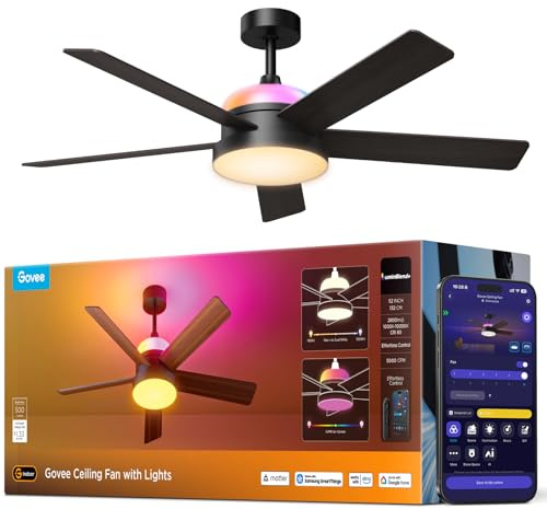 Govee Deckenventilator mit Beleuchtung RGBIC, Ø132cm Smart Leise Deckenventilator mit Licht und Fernbedienung, 2800 lm, Reversibler DC Motor, Doppelseitige Flügeln, für Schlafzimmer Wohnzimmer