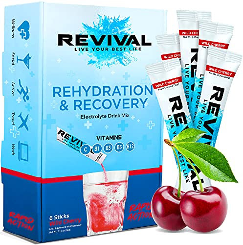 Revival Rapid Rehydration Electrolytes Powder - High Strength Vitamin C, B1, B3, B5, B12 Sachet Drink, Electrolyte Hydration Tablets - 6 Pack Cherry