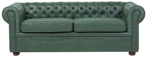 Beliani Canapé 3 Places en Cuir PU Vert Assise Rembourrée Large Dossier Points Chesterfield