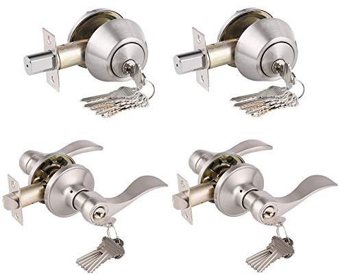 Satin Nickel Keyed-Alike Door Levers and Double Cylinder Deabolts Combination Sets Locksets,Keyd Both Sides Door Locksets for Exterior Interior Door, Reversible,2Pack