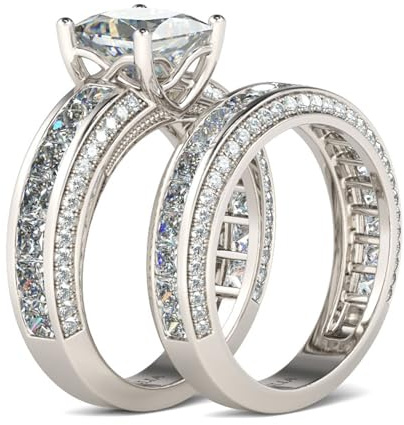 Jeulia 2.85 Carat Sterling Silver Princess Cut Bridal Set Engagement Wedding Rings Bands with Cubic Zirconia for Women with Jewelry Gift Box (Sterling Silver, M 1/2)