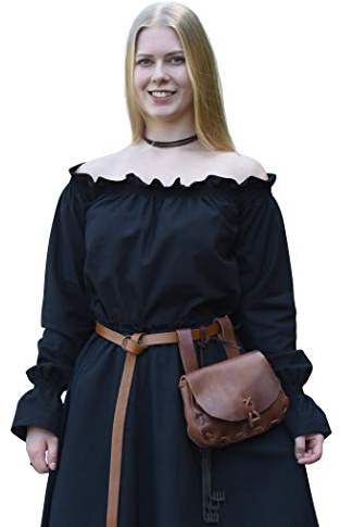 Battle-Merchant Blouse médiévale en Coton - Femme - col Bardot/Manches Longues - Naturel/Noir/Blanc - S-XXL - Noir - XL