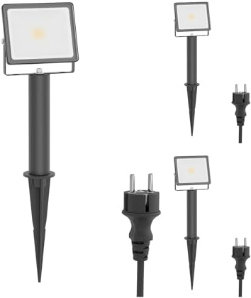 ledscom.de 3 LED trädgårdsstrålkastare FLIN med markspett, 15cm bas & kontakt för utomhusbruk, svart, strålkastare, IP66 vattentät, 837lm varmvit