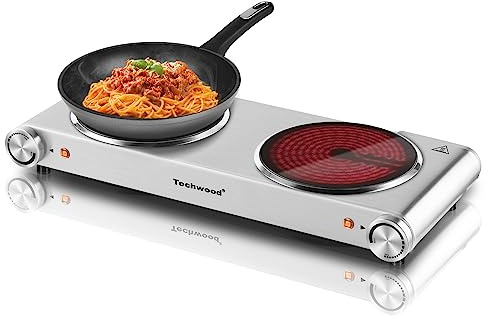 Hot Plate, Techwood Electric Stove Countertop Double Burners for Cooking Infrared Ceramic 1800W Dual Cooktops With Adjustable Temperature Control Brushed Stainless Steel Easy To Clean Upgraded Version