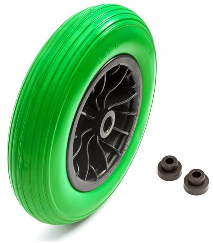 14'' Inch 3.50-8 PU Green Puncture Proof Solid Tyre & Wheel 14'' PU Wheelbarrow Barrow Includes Reducer Bushes 25mm to 13mm / 1'' to 1/2''