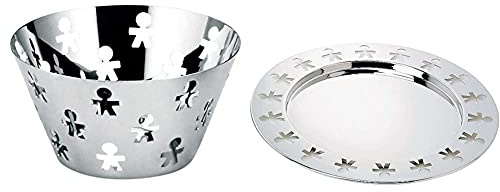Alessi Girotondo Akk05 Fruttiera Di Design Con Decoro Traforato, Acciaio Inox 18/10, Lucido & Girotondo Akkgt Vassoio Rotondo Di Design In Acciaio Inox Con Motivo Omini Dei King-Kong