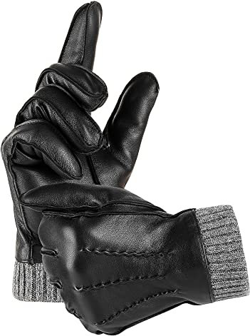 EGSSHOP Vinter varma äkta läderhandskar, kashmir fodrade motorcykelhandskar för män, svart, XXL
