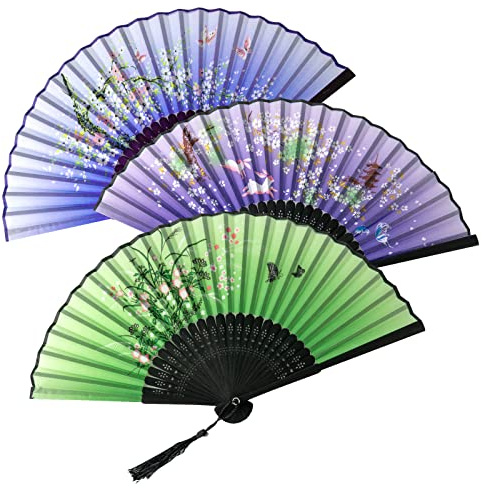 TAIYOU 3 Stück Falten Handfächer Hand Folding Fans 3 Farben Bambus Handheld Faltfächer Asiatischer Stil Folding Fans mit Quaste für Geschenke Wanddekoration Party Tanzabend Grün Blau Lila
