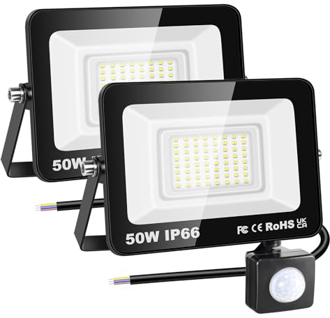 RIGIDON 2 st PIR-rörelsesensor Utomhussäkerhetsljus, 50W 5000 Lumen utanför LED-strålkastare, kallvit vägglampa för trädgårdsgarage Bakgård Uteplatshus Dörröppning, IP66 Vattentät 6000K