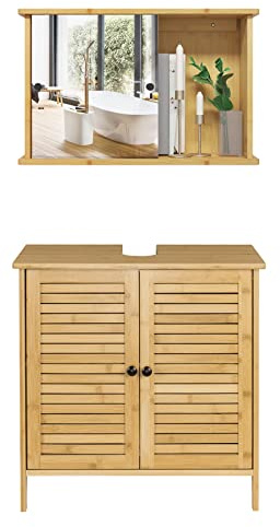 EUGAD Badezimmer Badmöbel Set Waschbeckenunterschrank Unterschrank Badezimmerschrank mit Spiegelschrank Hängeschrank für Bad Bambus Model 6