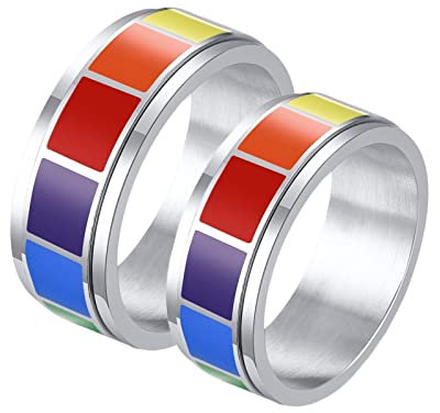 AMDXD Freundschaftsringe Freundinnen, 8mm Edelstahl Ehering Damen Silber mit LGBT mit Regenbogen Emaille Verlobungs Ring Mann Paarpreis, Rechts 57 (18.1) & Links 54 (17.2)