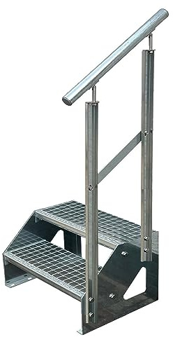 Kaminbau Mierzwa Premium Treppe Freistehend 2 Stufen Geländer Rechts (Breite 600 mm) (Höhe 38cm) Wetterfest Gitterroststufe Gartentreppe