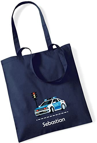 minimutz Jutebeutel Jungen Polizei Auto | Stofftasche aus Baumwolle Kinder | Kinderbeutel Tragetasche für Kita Kindergarten Wechselwäsche (dunkelblau)