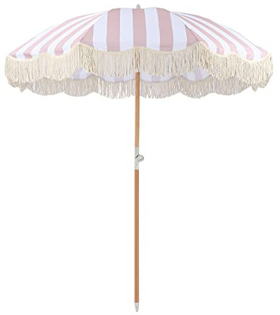 Sonnenschirm für den Balkon Strandschirm mit Quasten, Premium-Holzstange und Glasfaserrippen, Exotische rosa und Weiße Streifen