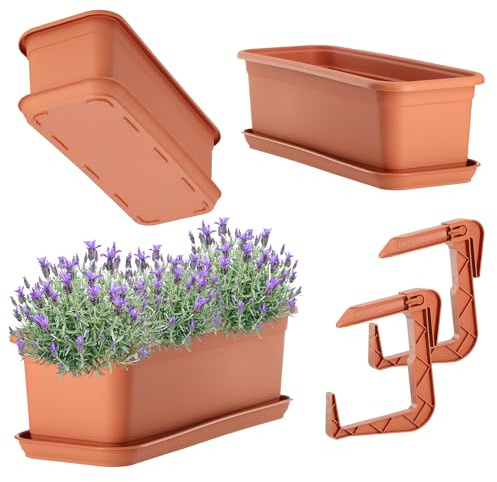 KADAX Blumenkasten 40 cm mit Untersatz und Halterung, Terracotta – Balkonkasten aus Kunststoff, Pflanzkasten für Innen- und Außenbereiche, Blumentopf für Balkon
