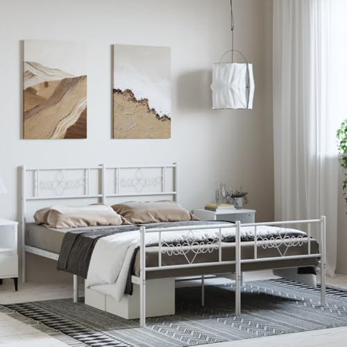 vidaXL Sängram med huvudgavel och fotgavel vit metall 135x190 cm, säng, metallsäng, metall sängram, sängar, metallsängar, metall sängramar, gästsäng