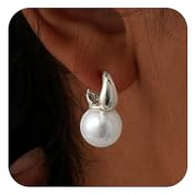 CHSKY Pearl Earrings for Women, Silver Plated Quality Handpicked AAA+ Freshwater Cultured Round Pearls Small Hoops Trendy Dangle Pearl Drop Earrings Silver Jewelry Gifts for Women