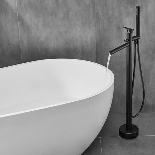 BiaoTeng Standarmatur Freistehende Badewanne Schwarz 2 Funktionen Bodenmontage Mit Handbrause Badewannenarmatur FüR Freistehende Badewanne,Schwarz
