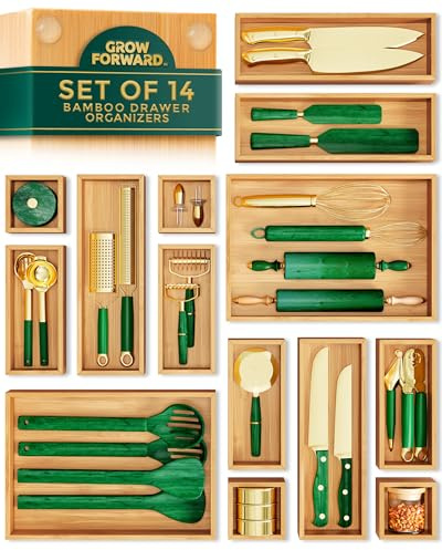 Grow Forward Bamboo Drawer Organizer Boxes - Set of 14 Wooden Drawer Organizers for Kitchen, Bathroom, Office, Desk, Vanity, Makeup - Non-Slip Junk Drawer Organizer Trays for Storage and Organization