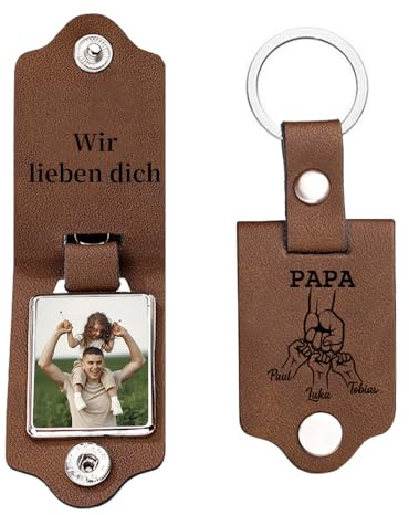 Jeweidea Personalisierter Foto-Schlüsselanhänger für Papa – Leder Schlüsselanhänger mit Namen Gravur zum Vatertag Familien-Schlüsselanhänger Bester Papa Personalisierte Geschenke für Männer