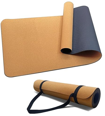 Esterilla Yoga de Corcho Natural y TPE 183x61x0.5cm - Esterilla de Yoga Antideslizante Gruesa, Colchoneta Ecológica Portatil Ligera Correa incluida