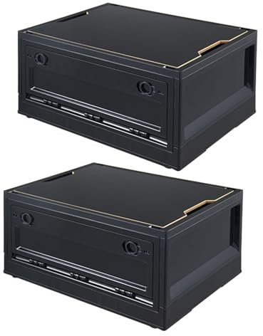 RMAN Lot de 2 Caisse de Rangement avec Couvercle Rangement Van Aménagé Plastique Pliable et Empilable Grande Bac de Rangement avec Roulettes pour Camping, Coffre de Voiture, Maison, 38L, Noir