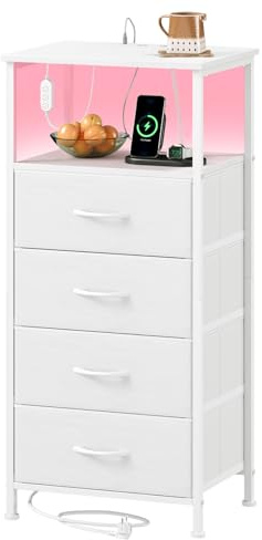 Somdot Tall Chest of Drawers with Charging Station and LED Light, 4 Drawers Storage Unit for Bedroom with 2 Outlets and 2 USB Ports, Beside Table for Kids Dorm Living Room Closet, White Leather