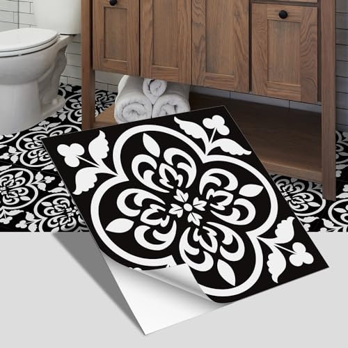 Azulejos Adhesivos Cocina 20x20cm Flores Negras Marroquíes Azulejos Adhesivos Baño Impermeables Vinilo Pared Decoración Vinilos Baño Azulejos Pegar y Despega Azulejos Adhesivos (4 Piezas)