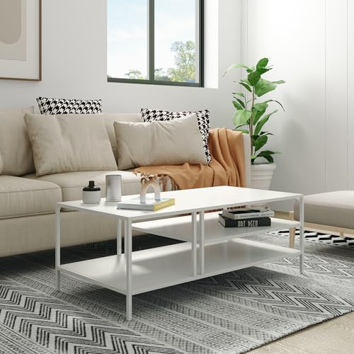 [en.casa] Couchtisch Kumlinge Beistelltisch 40 x 110 x 55 cm mit Ablagen Wohnzimmertisch eckig Sofatisch Metall Kaffeetisch Weiß