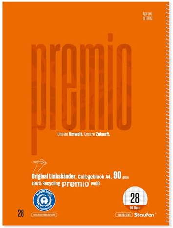 Staufen Premio Collegeblock Linkshänder - 80 Blatt, DIN A4, kariert 5 mm | Lineatur 28, 100% Recyclingpapier, zertifiziert mit dem Blauen Engel, abgerundete Ecken, 90 g/m² Papier