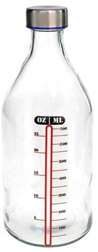 Tradineur - Botella medidora de vidrio con tapón de acero, línea de medida y cierre de rosca, agua, leche, batidos, zumos, licuados de verduras, salsas, frigorífico - 1 litro