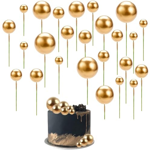 Ball Cake Topper Decorations，40Pcs Mini Ball Cake Toppers，DIY Insert Topper Insert Decoration for Birthday Baking Baby Shower Anniversary and Wedding Party(Gold)