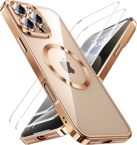 JUESHITUO 3 in 1 Hülle für iPhone 16 Pro Max,1 Handyhülle mit 2 Stück Schutzfolie, [Militärstandard] [TOP N56 Starke Magnete] Stoßfest Kratzfest für Magsafe Case mit Kameraschutz, Titan Wüstensand