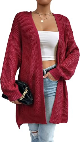 Maeau - Cardigan Long Femme Tricot Ouvert Devant Gilet Pull Long Col V Cardigan Tricot Ample Décontracté Fente Latérale Adapté au Printemps Automne - Rouge - M