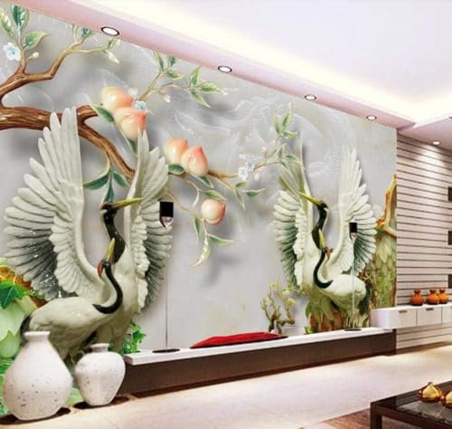 Tzxztt Jade Crane Peach Tree Marble Modern 3D Wallpaper Embossed Silk Neutral Tones Material Ideal for Living Room Bedroom-300cm×210cm