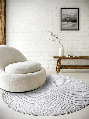 Elle Decoration Panglao moderner Hochflor Teppich - Wohnzimmerteppich Flauschig – Hoch-Tief Effekt Skandi Boho Geometrisch Wellen, Bogen - für Wohnzimmer, Schlafzimmer, Küche - Hellgrau, 160cm