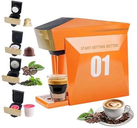 Multifunctional 4 in1 Espresso Machine, 19Bar Pressure Single Serve Coffee Maker for Nespresso Original Capsule/K-cup Capsule/L’OR Ne'spresso Original Capsule/Do'lce Gusto/Ground Coffee (Orange)