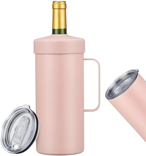 MAXSO 42oz Wine Chiller Iceless Cooler Tumbler - Gift for Wine Lovers, 2-IN-1 Stainless Steel Vacuum Insulated Bucket Portable Mug Cup Wine Accessory Keep Cold, Fit Most 750ml Wine & Champagnes, Pink